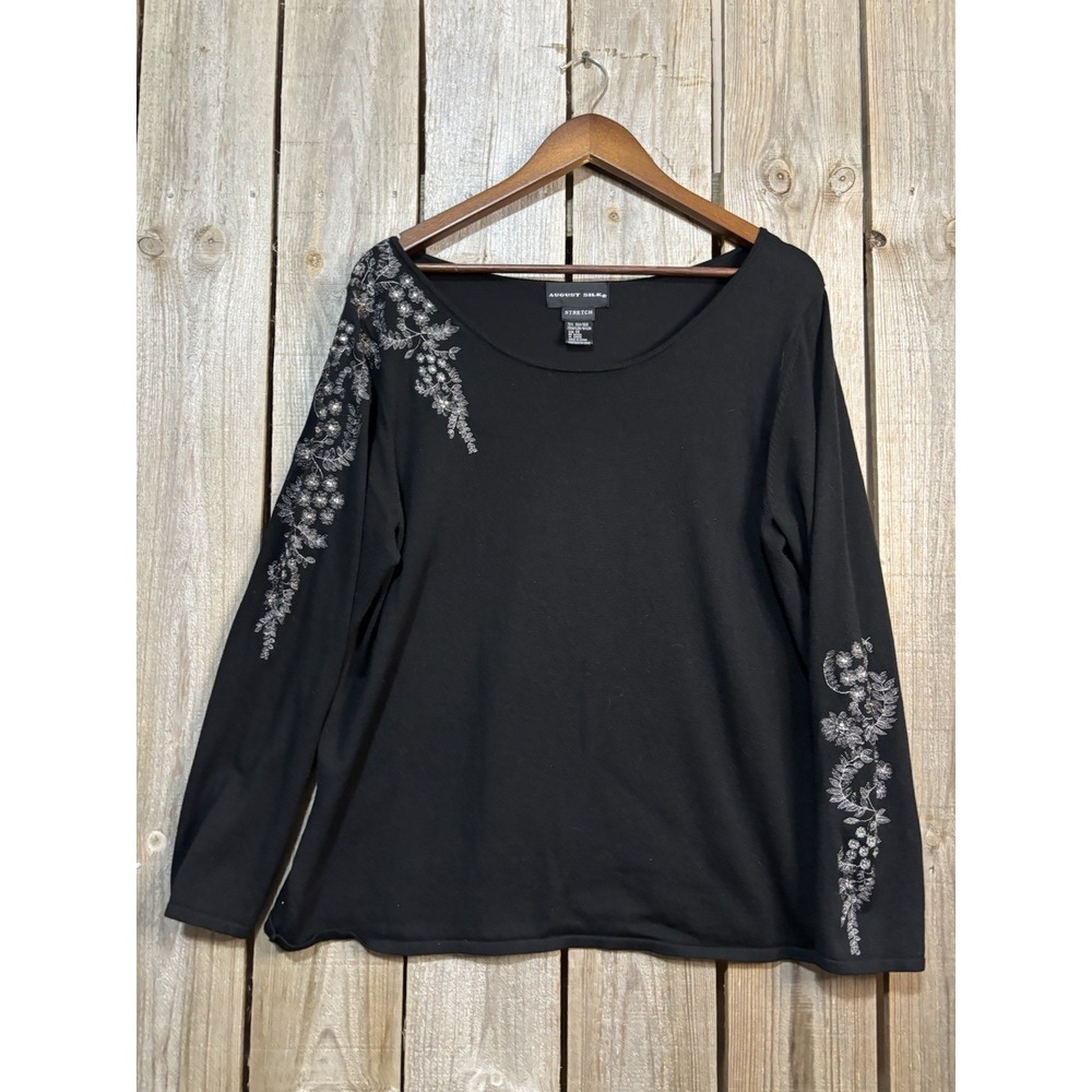 August Silk Black Silk Blend Embroidered Sleeve Stretch Top Women's 1X